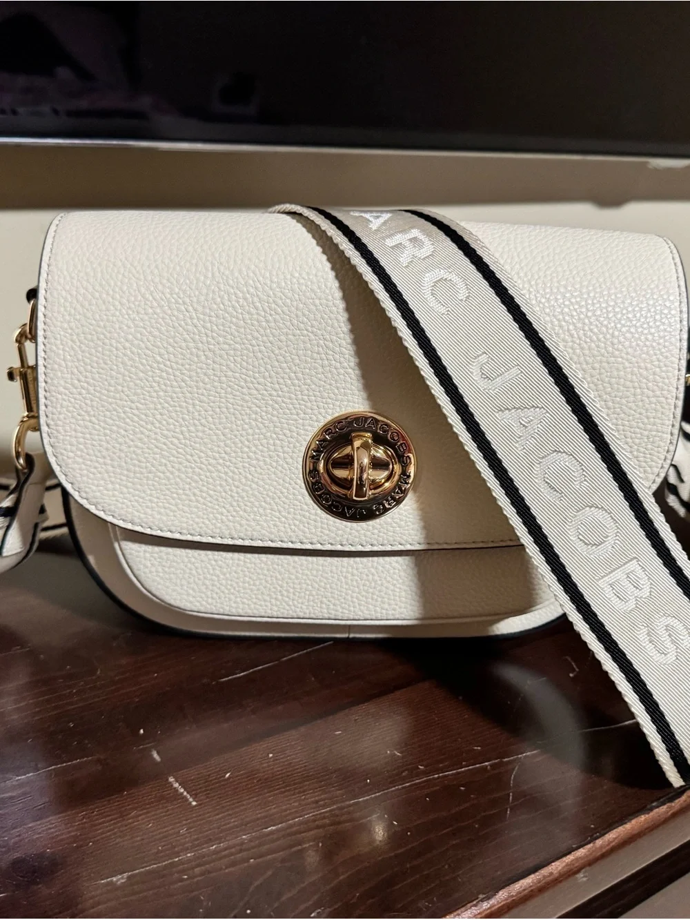 Marc Jacobs Cream Pebbled Leather Crossbody with Branded Web Strap